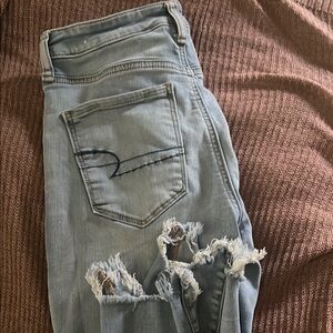 American Eagle Outfitters Blue Ankle Cropped Jeans with Distressed Details